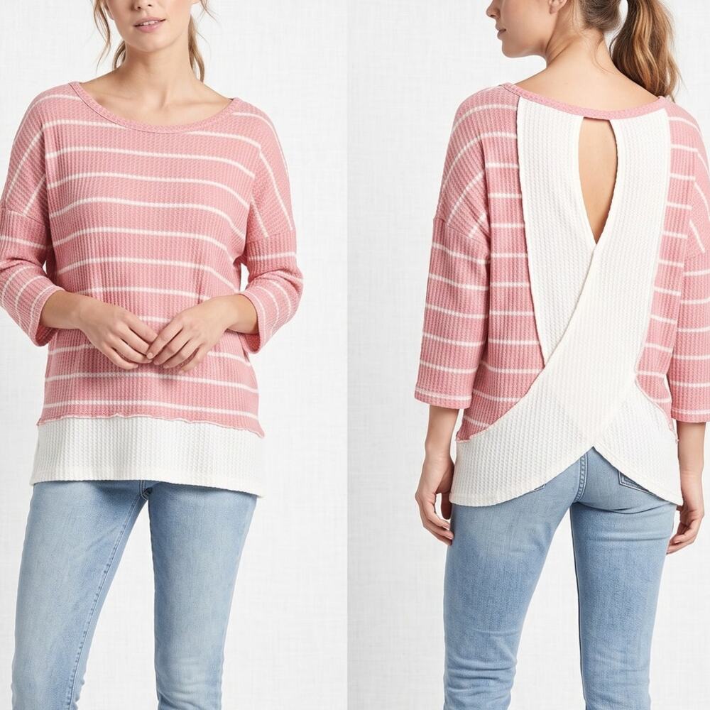 Haptics by Holly Harper Pink Stripe 3/4 Sleeve Top Small Polyester Spandex